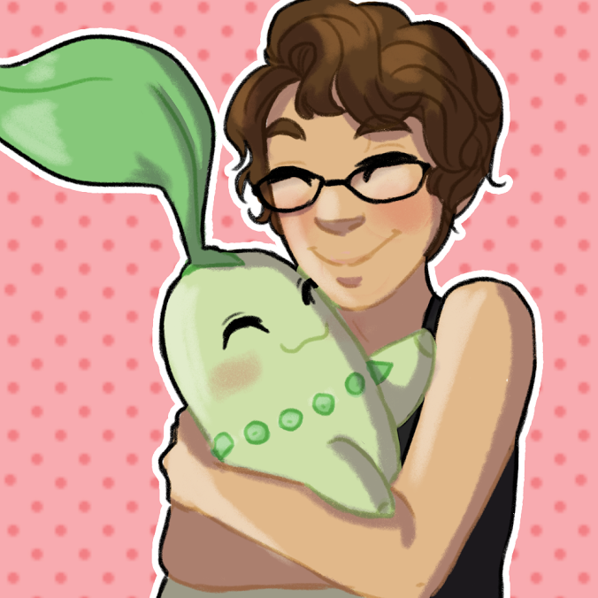 illustrated icon of a white brunette woman holding a Chikorita and smiling