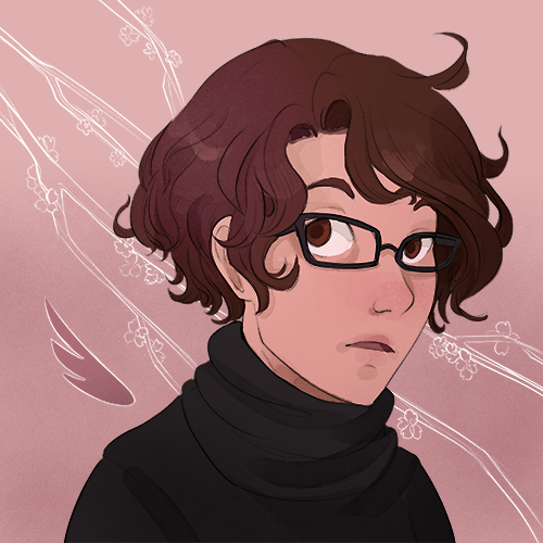 drawing of Meep (a white female-presenting person with curly brown hair, brown eyes, and heavy black glasses by rinylyn.tumblr.com