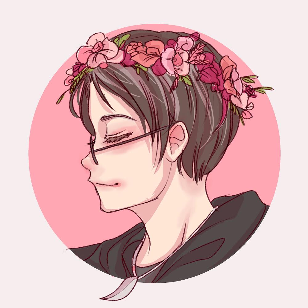 illustrated icon of a white woman with greying brown hair wearing a black hoodie, pink flower crown, and a silver leaf pendant necklace